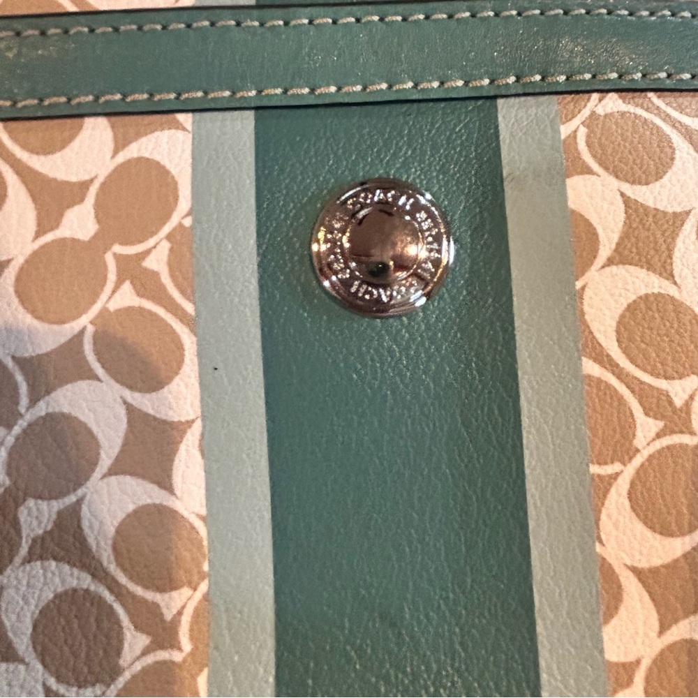 Coach Chelsea Tote Bag Heritage Stripe Signature Teal & Khaki Coated Canvas - Picture 7 of 9